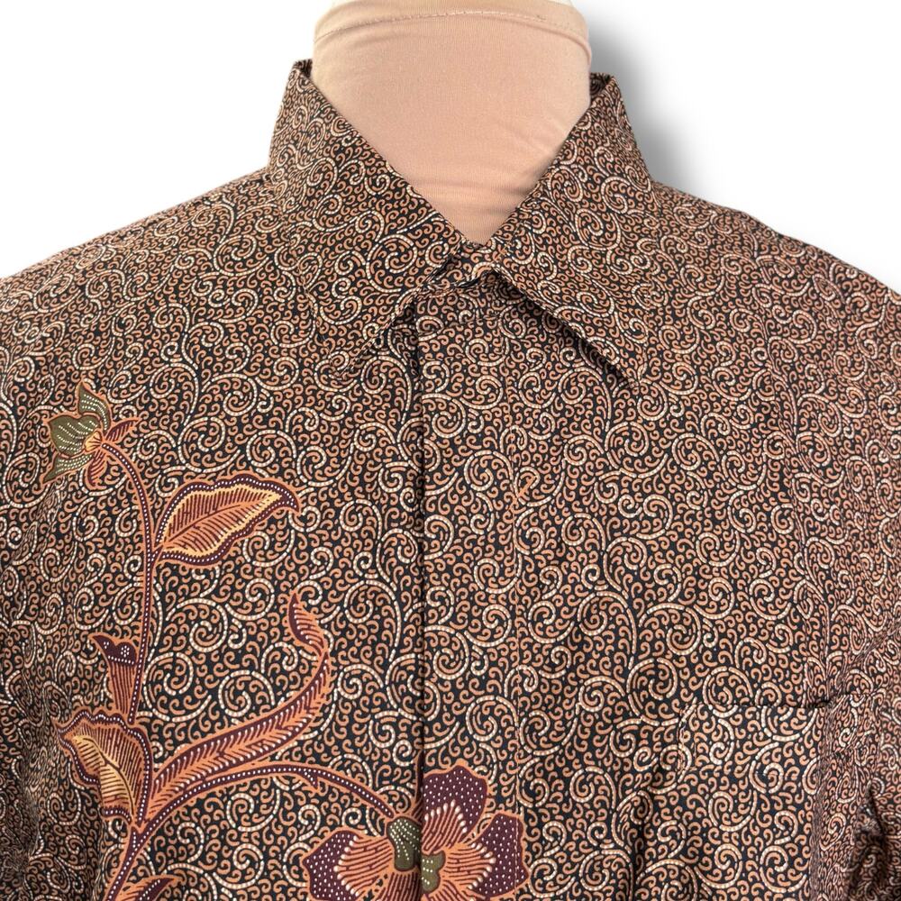 Batik Keris Traditional Indonesian Long Sleeve Shirt Boho Floral Brown Earthy